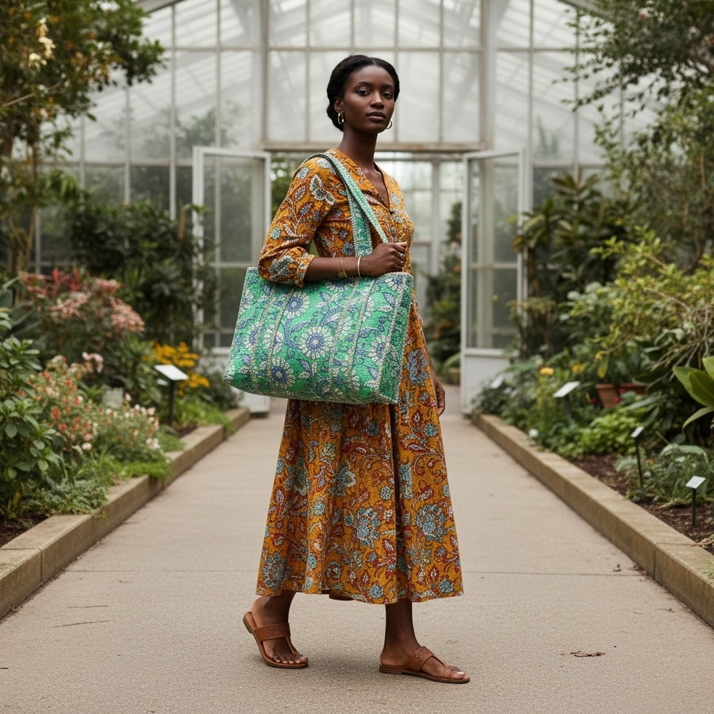 Vibrant Floral Green Tote Bag-Small